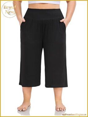 Women's Plus Size High Waisted Wide Leg Capri Yoga Pants with Pockets